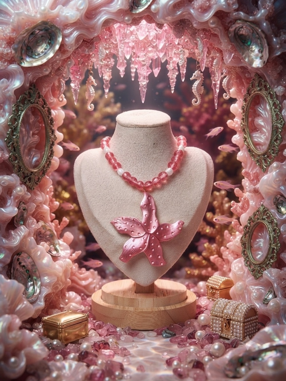One of a kind Pink Starfish double sided Pendant Beaded Necklace –Ocean-Inspired